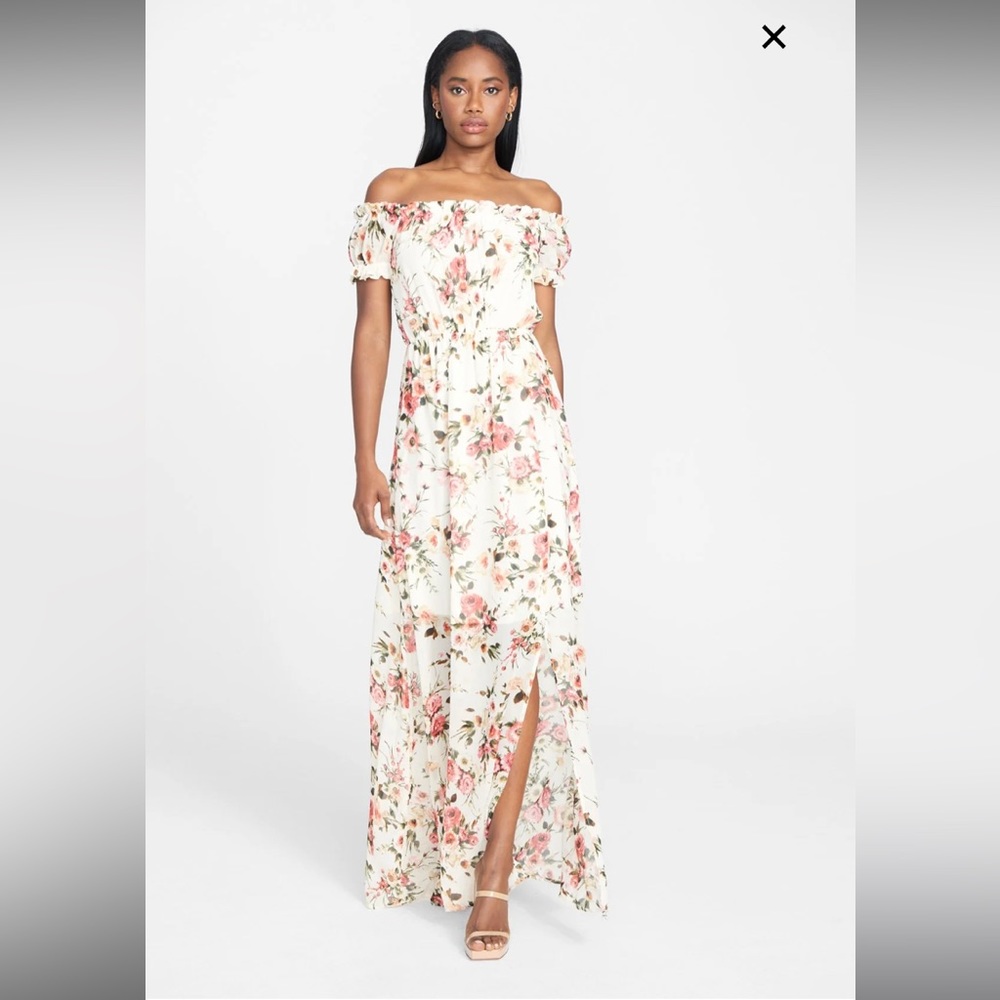Alloy apparel off shoulder long maxi dress. Beige. Not white like stock photo